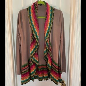 Beautiful brown soft knit sweater with crochet detail at hem and neckline
